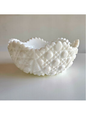 Vintage McKee Milk Glass Bowl Toltec Star & Cane Pattern 8" Mid-Century Decor